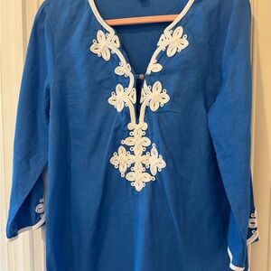 Charter Club Blue Embellished Tunic with Mandarin Collar